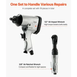 VEVOR 1/2" Air Impact Wrench & 3/8" Ratchet Wrench Combo, 19 Pieces Pro Air Tool and Accessories Kit - Includes 10PCS CR-V Steel Impact Socket Set & Carrying Case for Auto Repair, Home DIY Projects