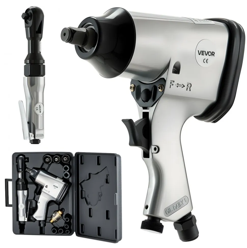 VEVOR 1/2" Air Impact Wrench & 3/8" Ratchet Wrench Combo, 19 Pieces Pro Air Tool and Accessories Kit - Includes 10PCS CR-V Steel Impact Socket Set & Carrying Case for Auto Repair, Home DIY Projects