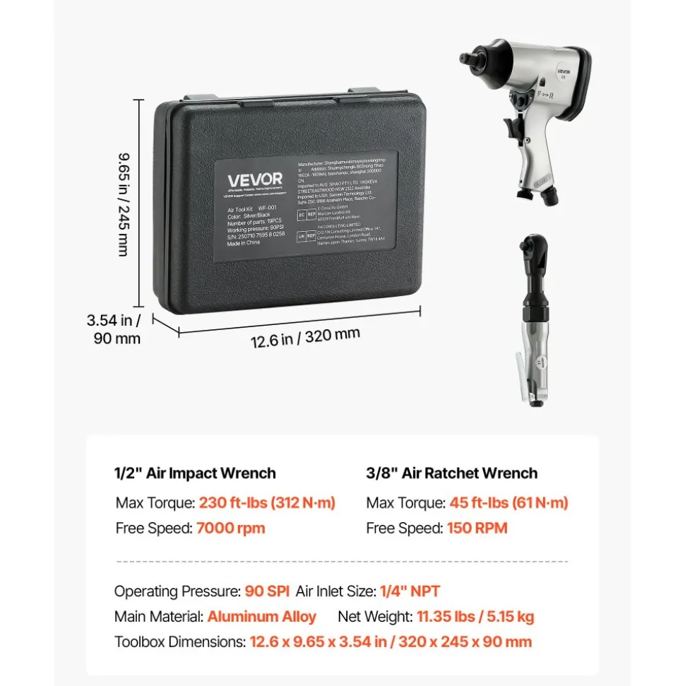 VEVOR 1/2" Air Impact Wrench & 3/8" Ratchet Wrench Combo, 19 Pieces Pro Air Tool and Accessories Kit - Includes 10PCS CR-V Steel Impact Socket Set & Carrying Case for Auto Repair, Home DIY Projects