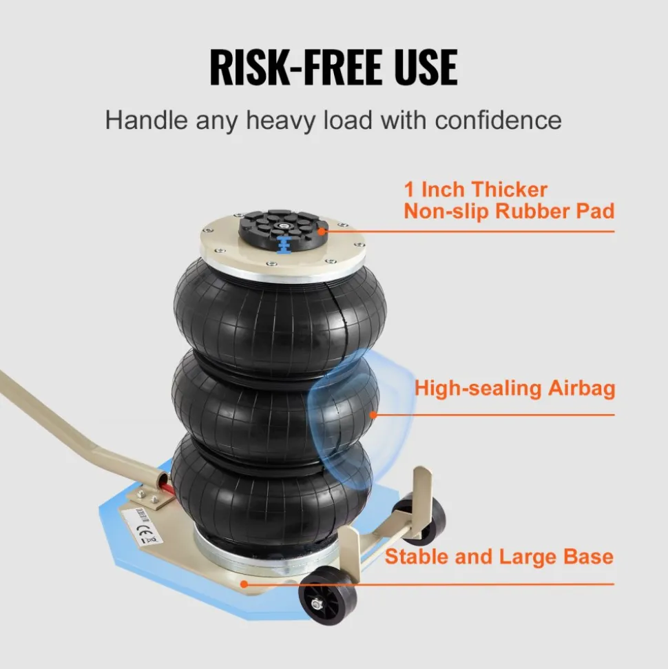 VEVOR Air Jack, 3T / 6600 lbs Triple Bag Air Jack, Airbag Jack with Six Steel Pipes, Lift up to 17.7 inch/450 mm, 3-5 s Fast Lifting Pneumatic Jack, with Long Handles for Car, Garage, Repair