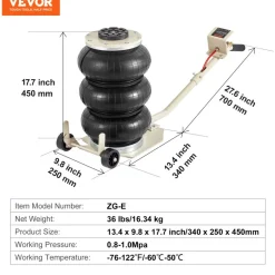VEVOR Air Jack, 3T / 6600 lbs Triple Bag Air Jack, Airbag Jack with Six Steel Pipes, Lift up to 17.7 inch/450 mm, 3-5 s Fast Lifting Pneumatic Jack, with Long Handles for Car, Garage, Repair