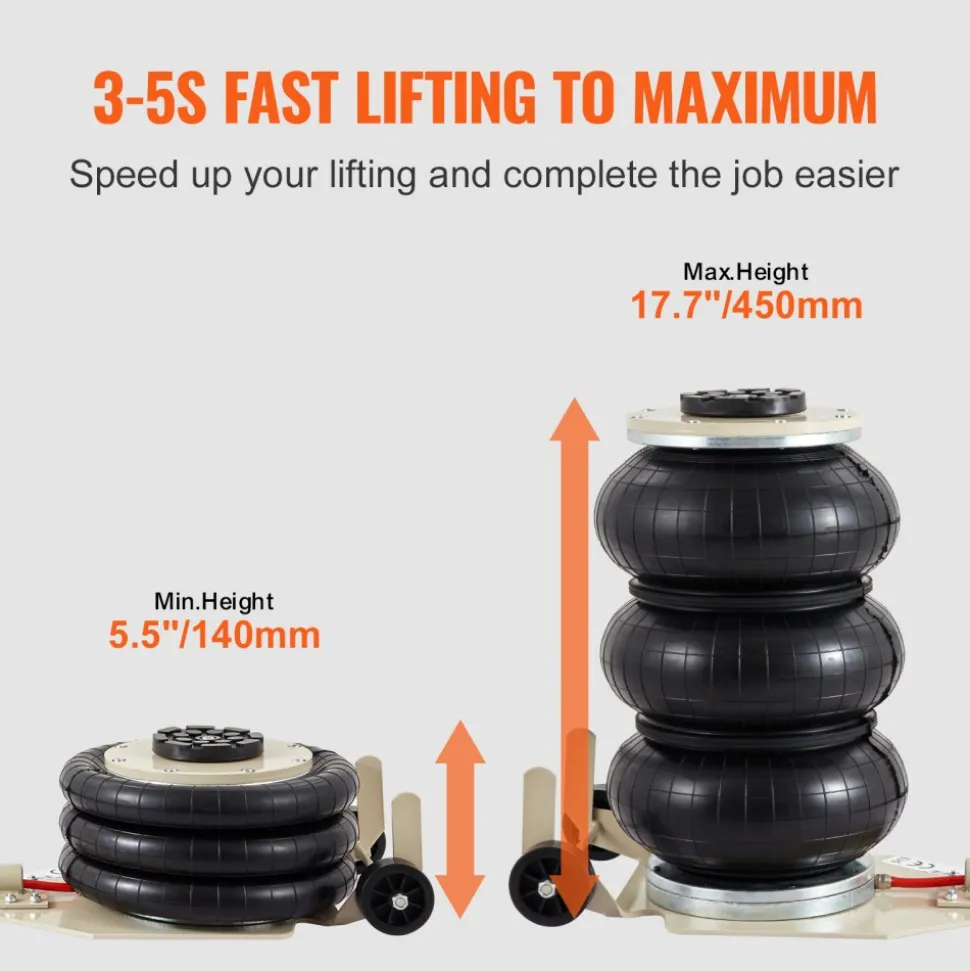 VEVOR Air Jack, 3T / 6600 lbs Triple Bag Air Jack, Airbag Jack with Six Steel Pipes, Lift up to 17.7 inch/450 mm, 3-5 s Fast Lifting Pneumatic Jack, with Long Handles for Car, Garage, Repair