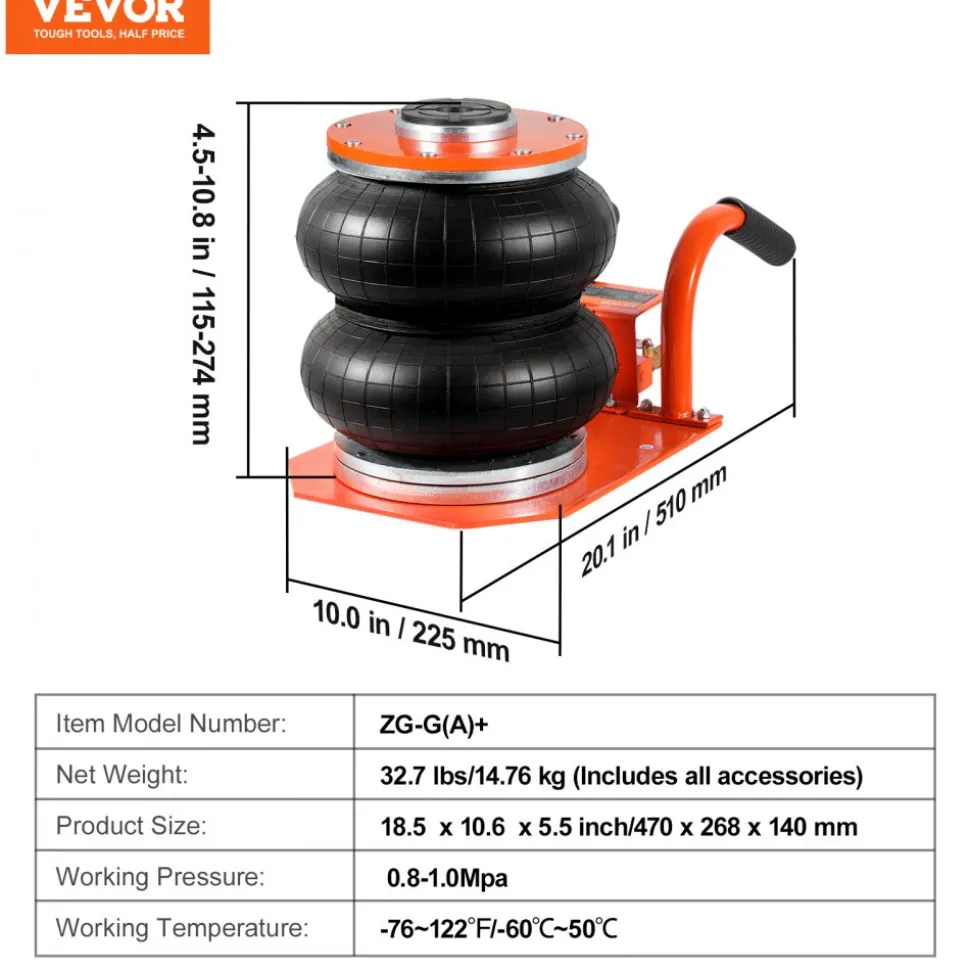 VEVOR Air Jack, 3 Ton/6600 lbs, 1-6S Pneumatic Lifting Jack with Heightened Column & Adjustable Handle, Compact, Easy-to-Lift & Space-Saving Jack with Thick Rubber Pad, Fits for Sedan, SUV, Pickup Truck