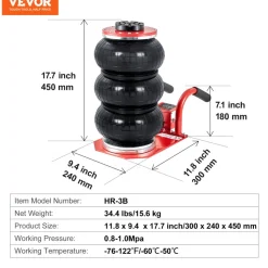 VEVOR Air Jack, 3 Ton/6600 lbs Triple Bag Air Jack, Airbag Jack with Six Steel Pipes, Lift up to 17.7 inch/450 mm, 3-5 s Fast Lifting Pneumatic Jack, with Side Handles for Car, Garage, Repair (Red)