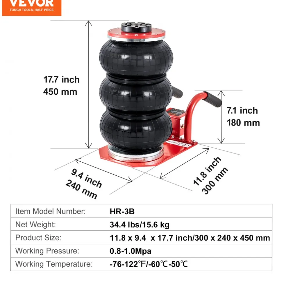 VEVOR Air Jack, 3 Ton/6600 lbs Triple Bag Air Jack, Airbag Jack with Six Steel Pipes, Lift up to 17.7 inch/450 mm, 3-5 s Fast Lifting Pneumatic Jack, with Side Handles for Car, Garage, Repair (Red)
