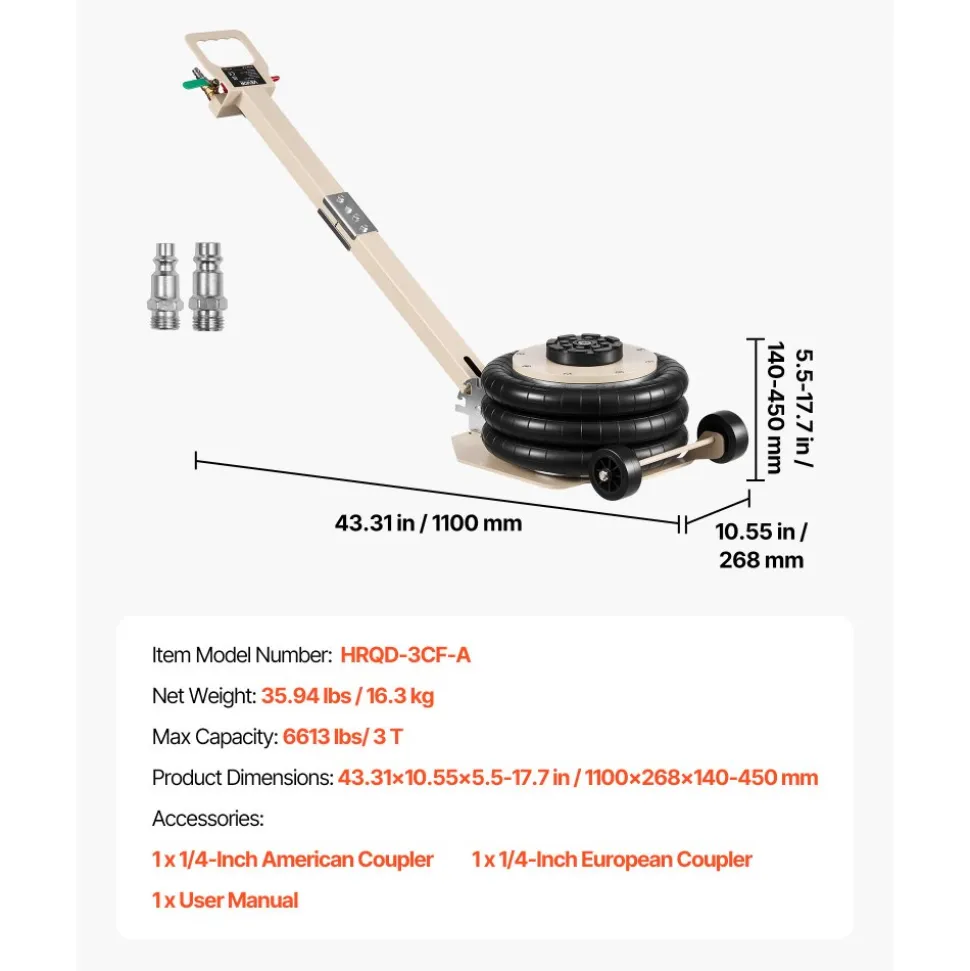 VEVOR Air Jack, 3 Ton/6613 lbs Triple Bag Air Jack, Airbag with Six Steel Pipes, Lift Up to 17.7 inch/450 mm, 1-6 s Fast Lifting Pneumatic with Adjustable Long Handle for Car, SUV, Pickup Truck Repair