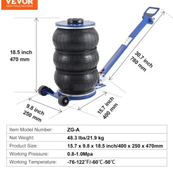 VEVOR Air Jack, 5 Ton/11000 lbs Triple Bag Air Jack, Airbag Jack with Six Steel Pipes, Lift up to 18.5 inch/470 mm, 3-5 s Fast Lifting Pneumatic Jack, with Adjustable Handle for Car, Garage, Repair