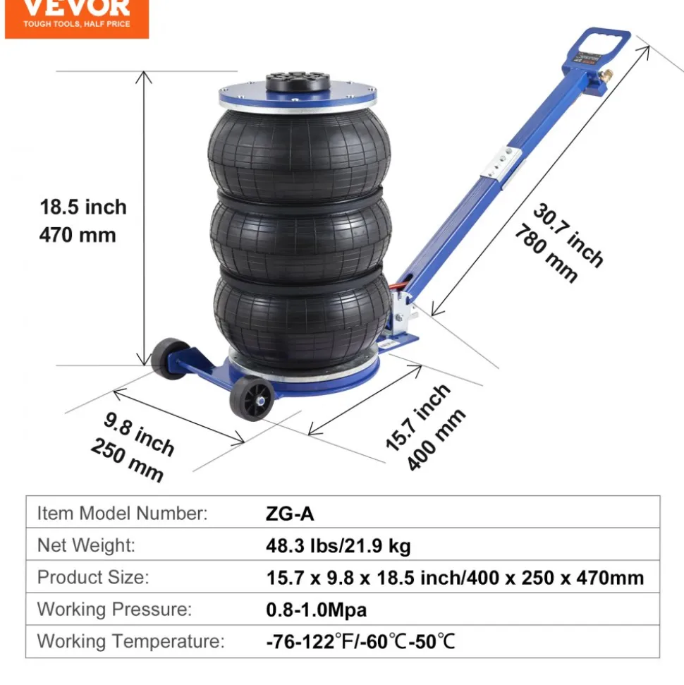 VEVOR Air Jack, 5 Ton/11000 lbs Triple Bag Air Jack, Airbag Jack with Six Steel Pipes, Lift up to 18.5 inch/470 mm, 3-5 s Fast Lifting Pneumatic Jack, with Adjustable Handle for Car, Garage, Repair