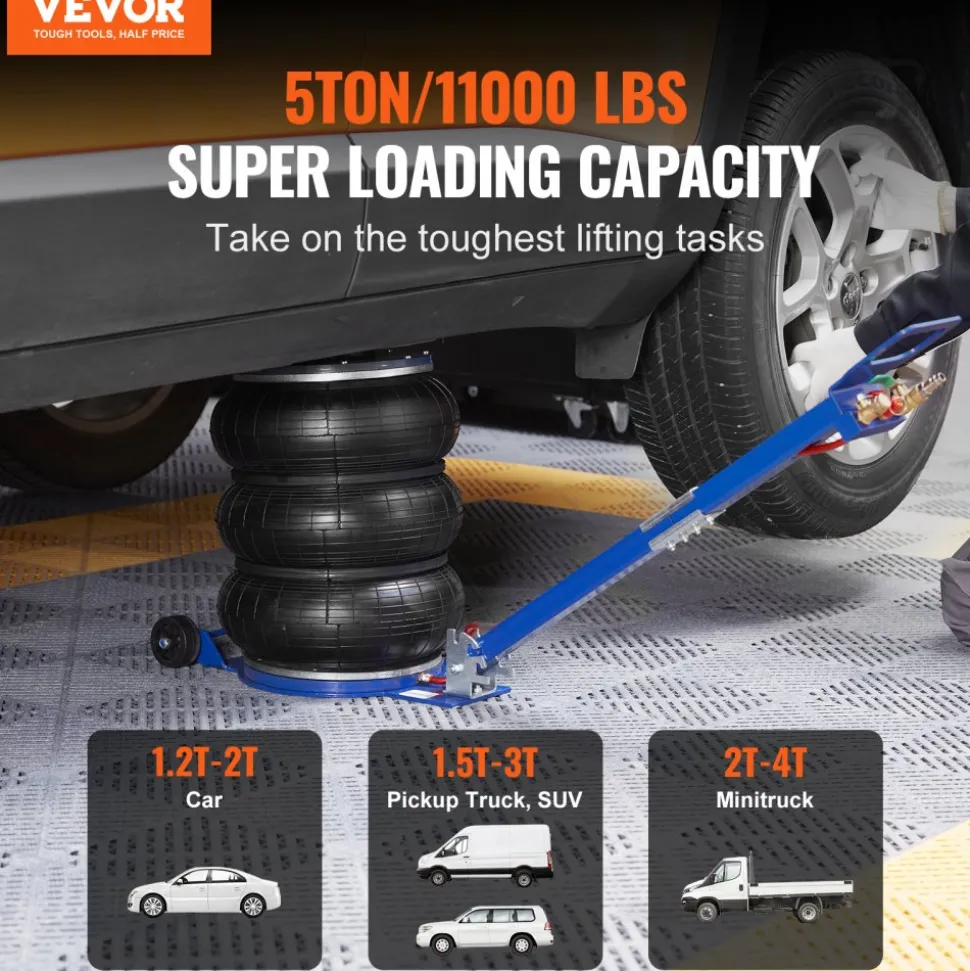 VEVOR Air Jack, 5 Ton/11000 lbs Triple Bag Air Jack, Airbag Jack with Six Steel Pipes, Lift up to 18.5 inch/470 mm, 3-5 s Fast Lifting Pneumatic Jack, with Adjustable Handle for Car, Garage, Repair
