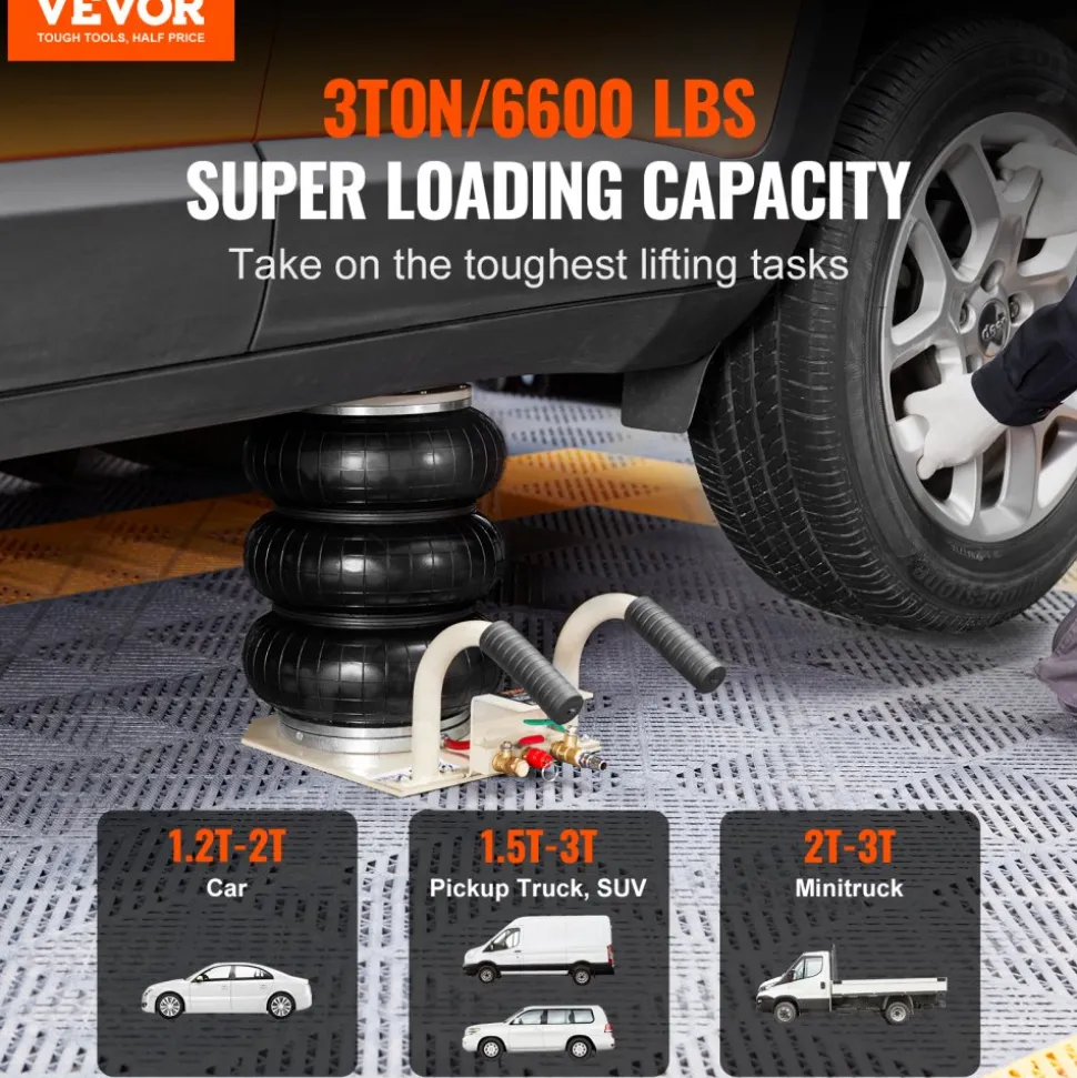 VEVOR Air Jack, 3 Ton/6600 lbs Triple Bag Air Jack, Airbag Jack with Six Steel Pipes, Lift up to 17.7 inch/450 mm, 3-5 s Fast Lifting Pneumatic Jack, with Short Handles for Car Repair