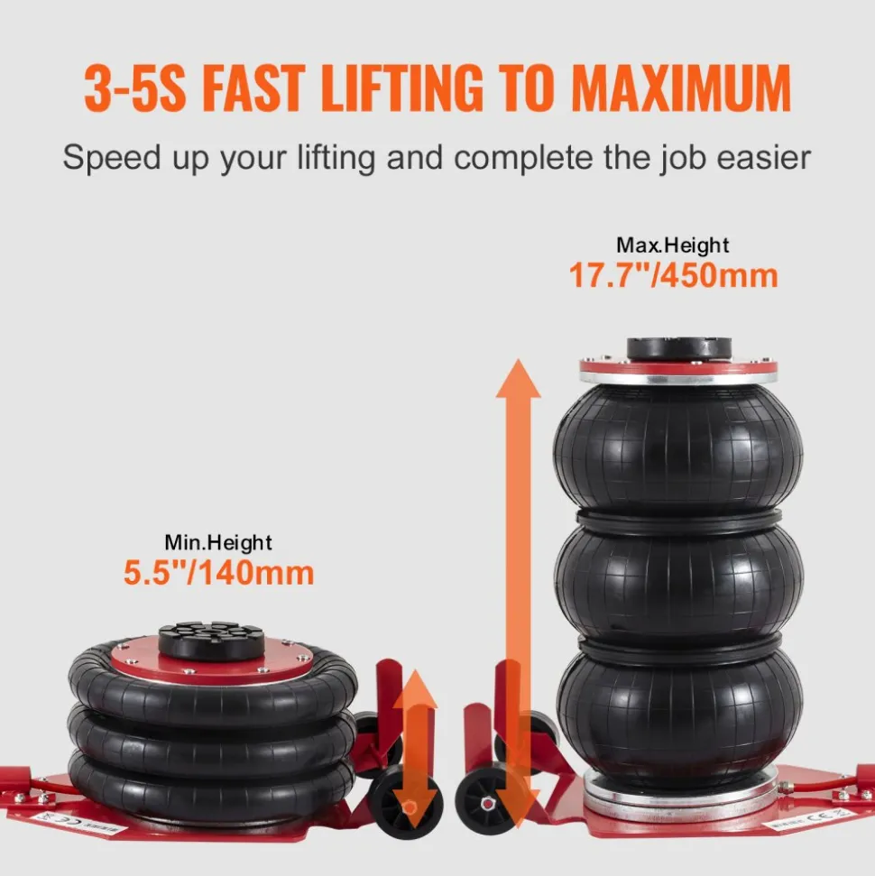 VEVOR Air Jack, 3 Ton/6600 lbs Triple Bag Air Jack, Airbag Jack with Six Steel Pipes, Lift up to 17.7 inch/450 mm, 3-5 s Fast Lifting Pneumatic Jack, with Long Handles for Cars, Garages, Repair, (Red)