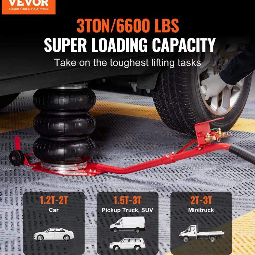 VEVOR Air Jack, 3 Ton/6600 lbs Triple Bag Air Jack, Airbag Jack with Six Steel Pipes, Lift up to 17.7 inch/450 mm, 3-5 s Fast Lifting Pneumatic Jack, with Long Handles for Cars, Garages, Repair, (Red)