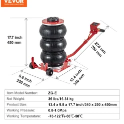 VEVOR Air Jack, 3 Ton/6600 lbs Triple Bag Air Jack, Airbag Jack with Six Steel Pipes, Lift up to 17.7 inch/450 mm, 3-5 s Fast Lifting Pneumatic Jack, with Long Handles for Cars, Garages, Repair, (Red)