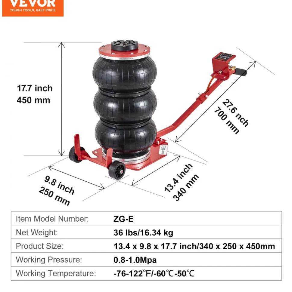 VEVOR Air Jack, 3 Ton/6600 lbs Triple Bag Air Jack, Airbag Jack with Six Steel Pipes, Lift up to 17.7 inch/450 mm, 3-5 s Fast Lifting Pneumatic Jack, with Long Handles for Cars, Garages, Repair, (Red)