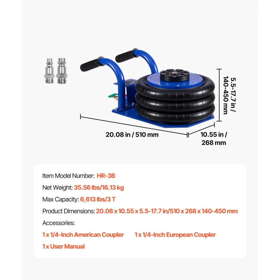VEVOR Air Jack, 3 Ton/6613 lbs Triple Bag Air Jack, Airbag with Six Steel Pipes, Lift Up to 17.7 inch/450 mm, 1-6 s Fast Lifting Pneumatic with Short Handles for Car, SUV, Pickup Truck Repair, Garage
