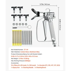 VEVOR Airless Paint Spray Gun, 3600PSI High Pressure Airless Paint Sprayer Gun with 5 Tips, 211, 315, 417, 517, 623, Swivel Joint Airless Spray Gun Kit with Filters, Cleaning Needle and Brush