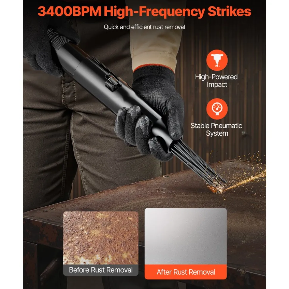 VEVOR Air Needle Scaler, 3400BPM Pneumatic Scaler for Rust Paint Removal - with 3-Speed Adjustment, 19 Hardened Needles & 3 Air Nozzle Connectors - Lightweight, Compact & Ergonomic Grip