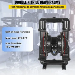 VEVOR Air-Operated Double Diaphragm Pump, 2 inch Inlet & Outlet, Aluminum Alloy Body, 75 GPM & Max 120PSI, Nitrile Diaphragm Transfer Pump for Petroleum, Diesel, Oil and Low Viscosity Fluids