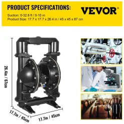 VEVOR Air-Operated Double Diaphragm Pump, 2 inch Inlet & Outlet, Aluminum Alloy Body, 75 GPM & Max 120PSI, Nitrile Diaphragm Transfer Pump for Petroleum, Diesel, Oil and Low Viscosity Fluids