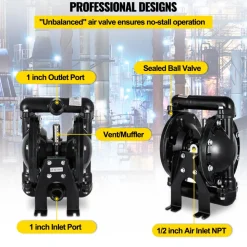 VEVOR Air-Operated Double Diaphragm Pump 1 inch Inlet Outlet Aluminum 24 GPM Max 120PSI for Industrial Use