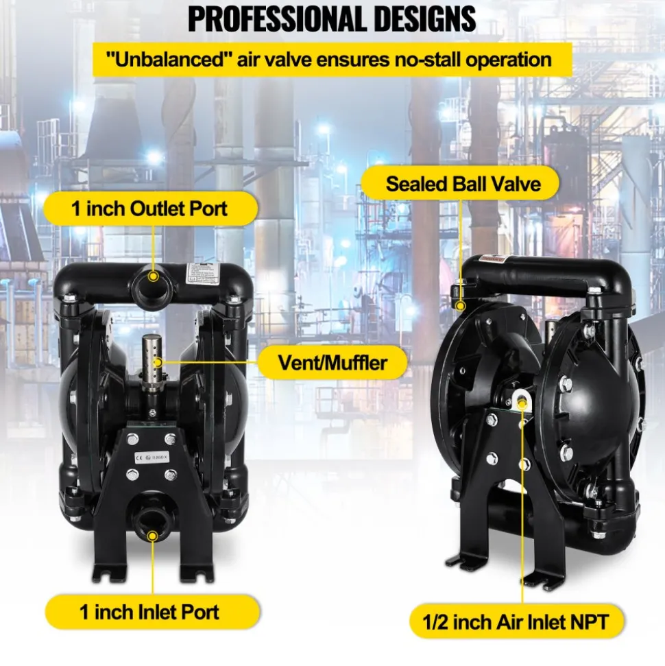 VEVOR Air-Operated Double Diaphragm Pump 1 inch Inlet Outlet Aluminum 24 GPM Max 120PSI for Industrial Use