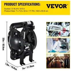 VEVOR Air-Operated Double Diaphragm Pump 1 inch Inlet Outlet Aluminum 24 GPM Max 120PSI for Industrial Use