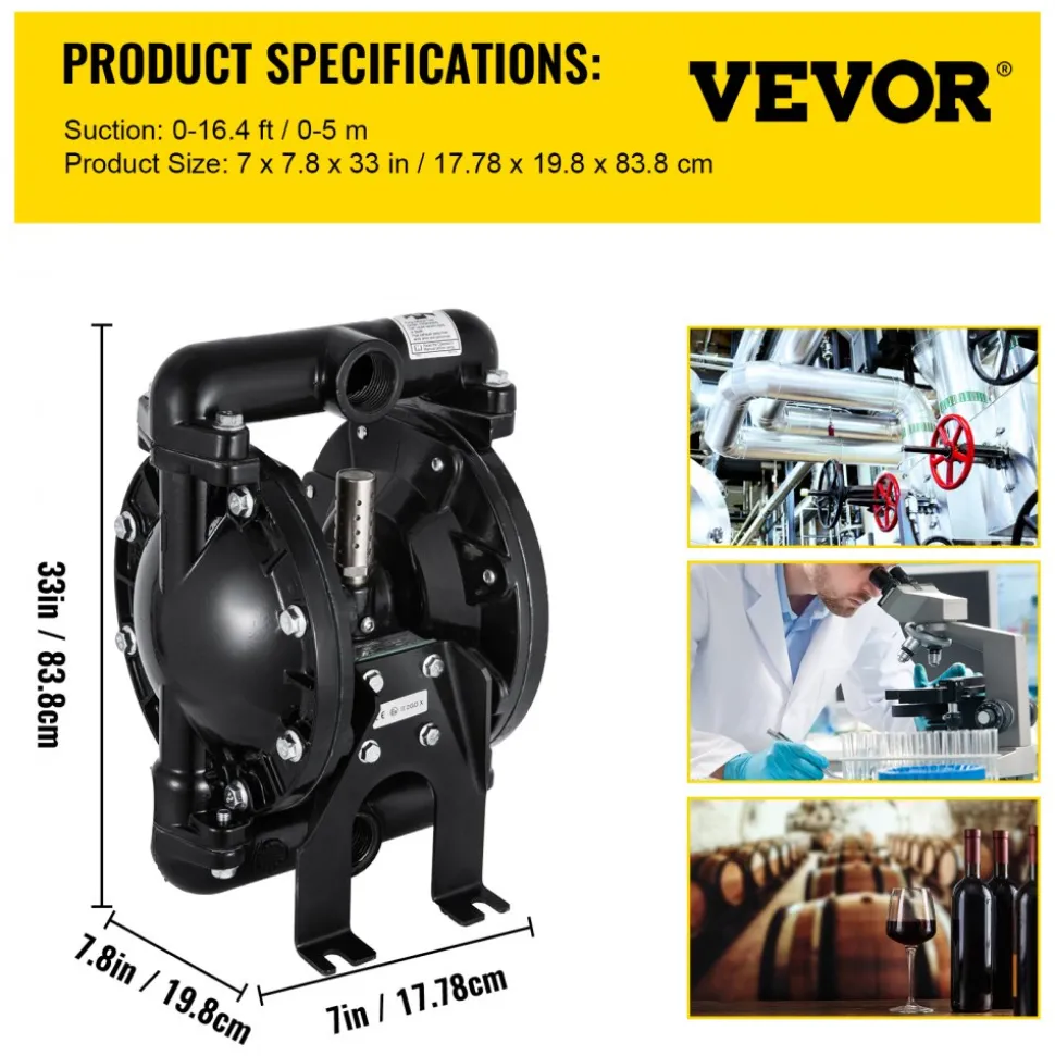 VEVOR Air-Operated Double Diaphragm Pump 1 inch Inlet Outlet Aluminum 24 GPM Max 120PSI for Industrial Use