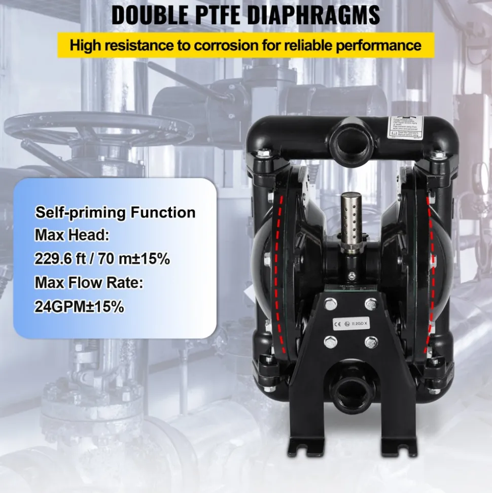 VEVOR Air-Operated Double Diaphragm Pump 1 inch Inlet Outlet Aluminum 24 GPM Max 120PSI for Industrial Use