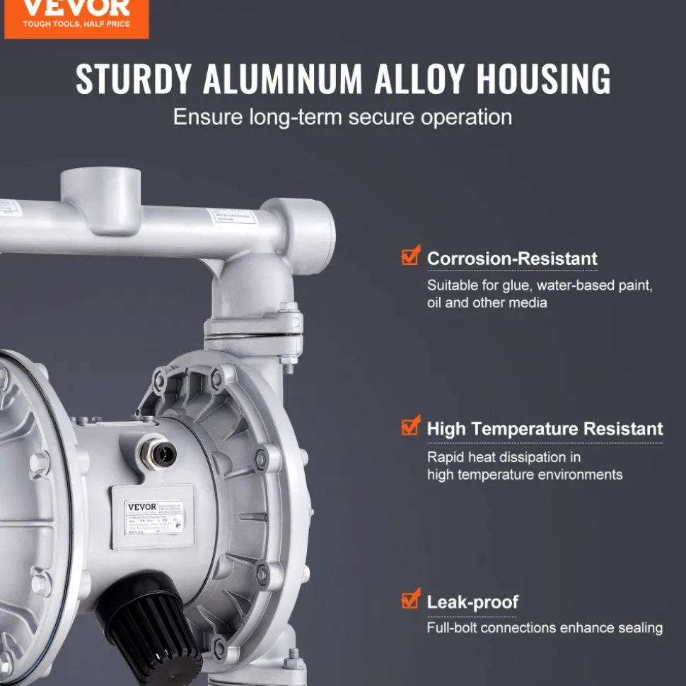 VEVOR Air Operated Double Diaphragm Pump, 44GPM, Max 115PSI Air Waste Oil Pneumatic Transfer Pump with 2 Extra Diaphragms, 1-1/2 inch Inlet & Outlet Aluminum Alloy Diaphragm Pump for Diesel Grease Oil