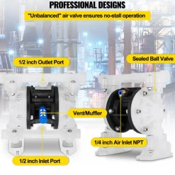 VEVOR Air Operated Double Diaphragm Pump, 35 GPM, 1 inch Inlet & Outlet Pneumatic Waste Oil Transfer Pump, Max 114 PSI, Aluminum Alloy Body, Air-Operated for Diesel, Grease, Kerosene, Gasoline & Oil