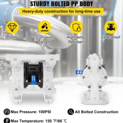 VEVOR Air Operated Double Diaphragm Pump, 35 GPM, 1 inch Inlet & Outlet Pneumatic Waste Oil Transfer Pump, Max 114 PSI, Aluminum Alloy Body, Air-Operated for Diesel, Grease, Kerosene, Gasoline & Oil