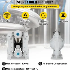 VEVOR Air-Operated Double Diaphragm Pump 1 inch Inlet/Outlet 30GPM Polypropylene Max 120PSI for Chemical and Industrial Use