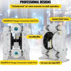 VEVOR Air-Operated Double Diaphragm Pump 1 inch Inlet/Outlet 30GPM Polypropylene Max 120PSI for Chemical and Industrial Use