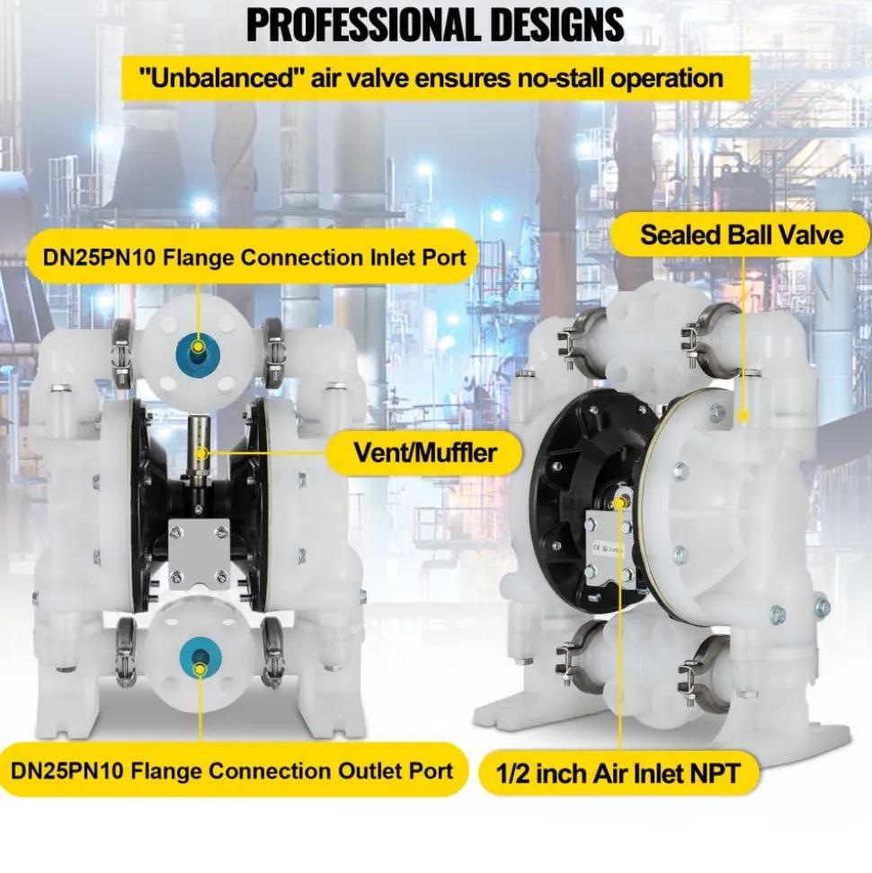 VEVOR Air-Operated Double Diaphragm Pump 1 inch Inlet/Outlet 30GPM Polypropylene Max 120PSI for Chemical and Industrial Use