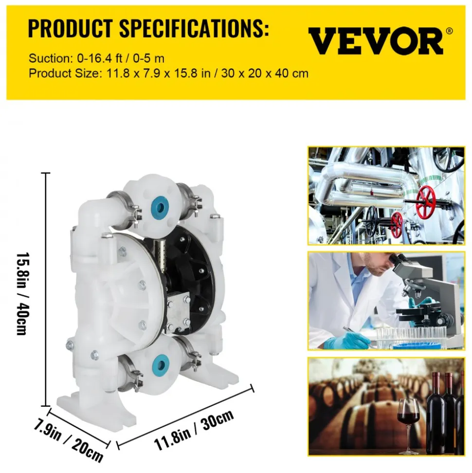 VEVOR Air-Operated Double Diaphragm Pump 1 inch Inlet/Outlet 30GPM Polypropylene Max 120PSI for Chemical and Industrial Use