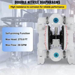 VEVOR Air-Operated Double Diaphragm Pump 1 inch Inlet/Outlet 30GPM Polypropylene Max 120PSI for Chemical and Industrial Use