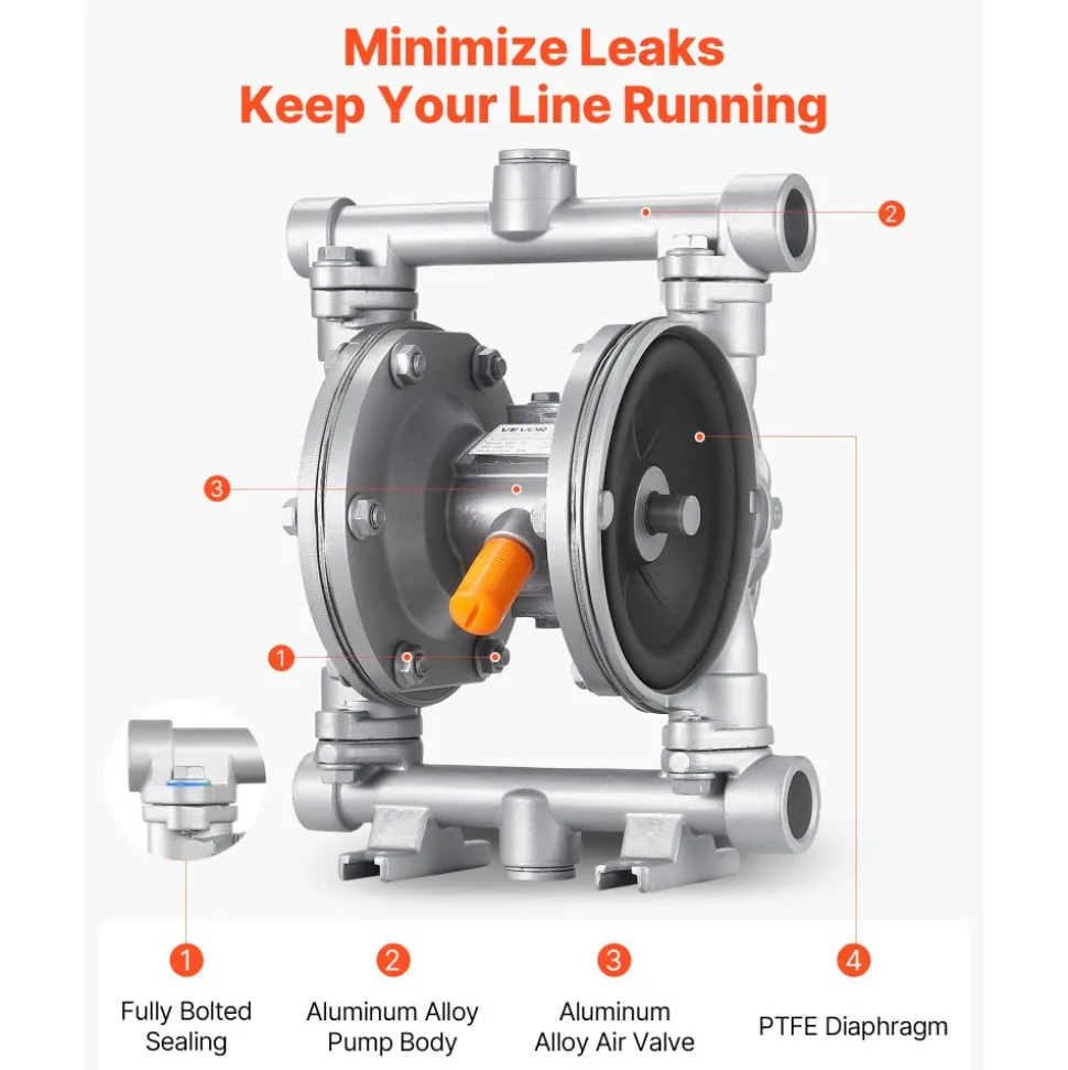 VEVOR Air Operated Double Diaphragm Pump, 6.6 GPM, 3/8 inch Inlet & Outlet Pneumatic Waste Oil Transfer Pump, Max 100 PSI, Aluminum Alloy Body, Air-Operated for Diesel, Grease, Kerosene, Gasoline