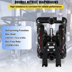 VEVOR Air-Operated Double Diaphragm Pump 1 inch Inlet Outlet Aluminum 35 GPM Max 120PSI, Nitrile Diaphragm, QBY4-25L-1inch-35