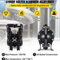 VEVOR Air-Operated Double Diaphragm Pump 1 inch Inlet Outlet Aluminum 35 GPM Max 120PSI, Nitrile Diaphragm, QBY4-25L-1inch-35