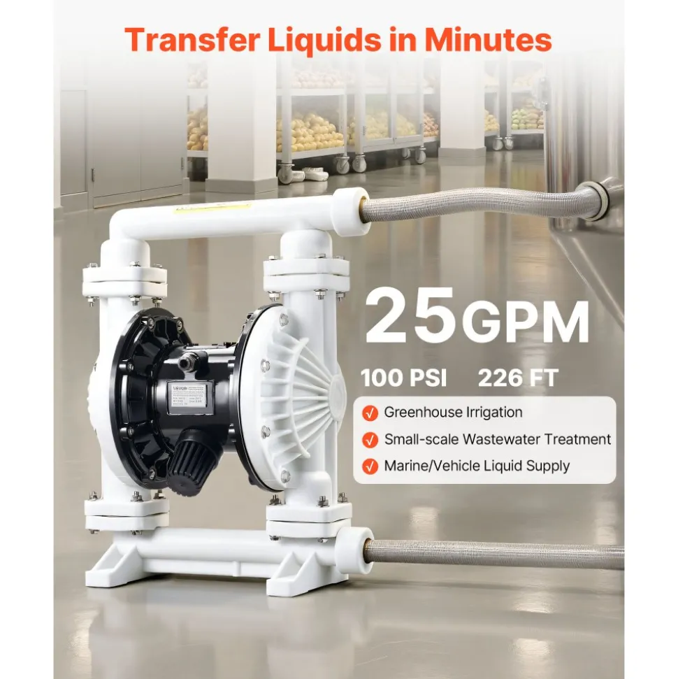 VEVOR Air Operated Double Diaphragm Pump, 25 GPM, 1 inch Inlet & Outlet Pneumatic Waste Oil Transfer Pump, Max 100 PSI, Polypropylene Body, Air-Operated for Diesel, Grease, Kerosene, Gasoline & Oil