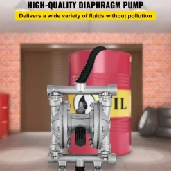 VEVOR Air-Operated Double Diaphragm Pump, 1/2 in Inlet & Outlet, Stainless Steel Body, 8.8 GPM & Max 120PSI, PTFE Diaphragm Pneumatic Transfer Pump for Petroleum, Diesel, Oil & Low Viscosity Fluids