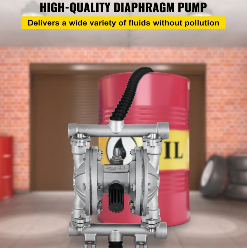 VEVOR Air-Operated Double Diaphragm Pump, 1/2 in Inlet & Outlet, Stainless Steel Body, 8.8 GPM & Max 120PSI, PTFE Diaphragm Pneumatic Transfer Pump for Petroleum, Diesel, Oil & Low Viscosity Fluids