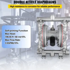 VEVOR Air-Operated Double Diaphragm Pump, 1/2 in Inlet & Outlet, Stainless Steel Body, 8.8 GPM & Max 120PSI, PTFE Diaphragm Pneumatic Transfer Pump for Petroleum, Diesel, Oil & Low Viscosity Fluids