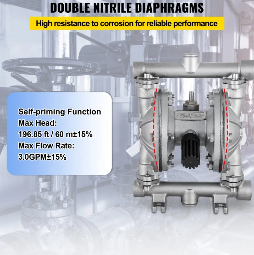 VEVOR Air-Operated Double Diaphragm Pump, 1/2 in Inlet & Outlet, Stainless Steel Body, 8.8 GPM & Max 120PSI, PTFE Diaphragm Pneumatic Transfer Pump for Petroleum, Diesel, Oil & Low Viscosity Fluids