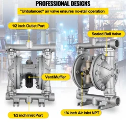 VEVOR Air-Operated Double Diaphragm Pump, 1/2 in Inlet & Outlet, Stainless Steel Body, 8.8 GPM & Max 120PSI, PTFE Diaphragm Pneumatic Transfer Pump for Petroleum, Diesel, Oil & Low Viscosity Fluids