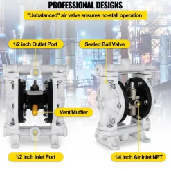 VEVOR Air-Operated Double Diaphragm Pump, 1/2 in Inlet & Outlet, Polypropylene Body, 2.5 GPM & Max 80PSI, PTFE Diaphragm Pneumatic Transfer Pump for Petroleum, Diesel, Oil & Low Viscosity Fluids