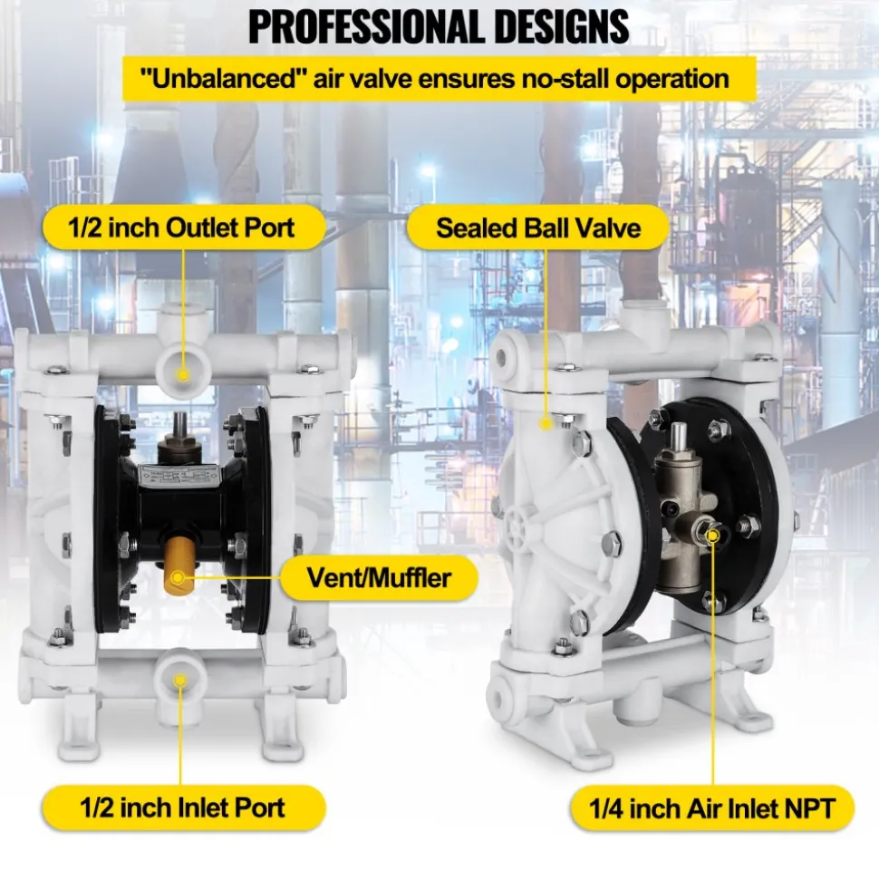 VEVOR Air-Operated Double Diaphragm Pump, 1/2 in Inlet & Outlet, Polypropylene Body, 2.5 GPM & Max 80PSI, PTFE Diaphragm Pneumatic Transfer Pump for Petroleum, Diesel, Oil & Low Viscosity Fluids