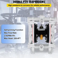 VEVOR Air-Operated Double Diaphragm Pump, 1/2 in Inlet & Outlet, Polypropylene Body, 2.5 GPM & Max 80PSI, PTFE Diaphragm Pneumatic Transfer Pump for Petroleum, Diesel, Oil & Low Viscosity Fluids