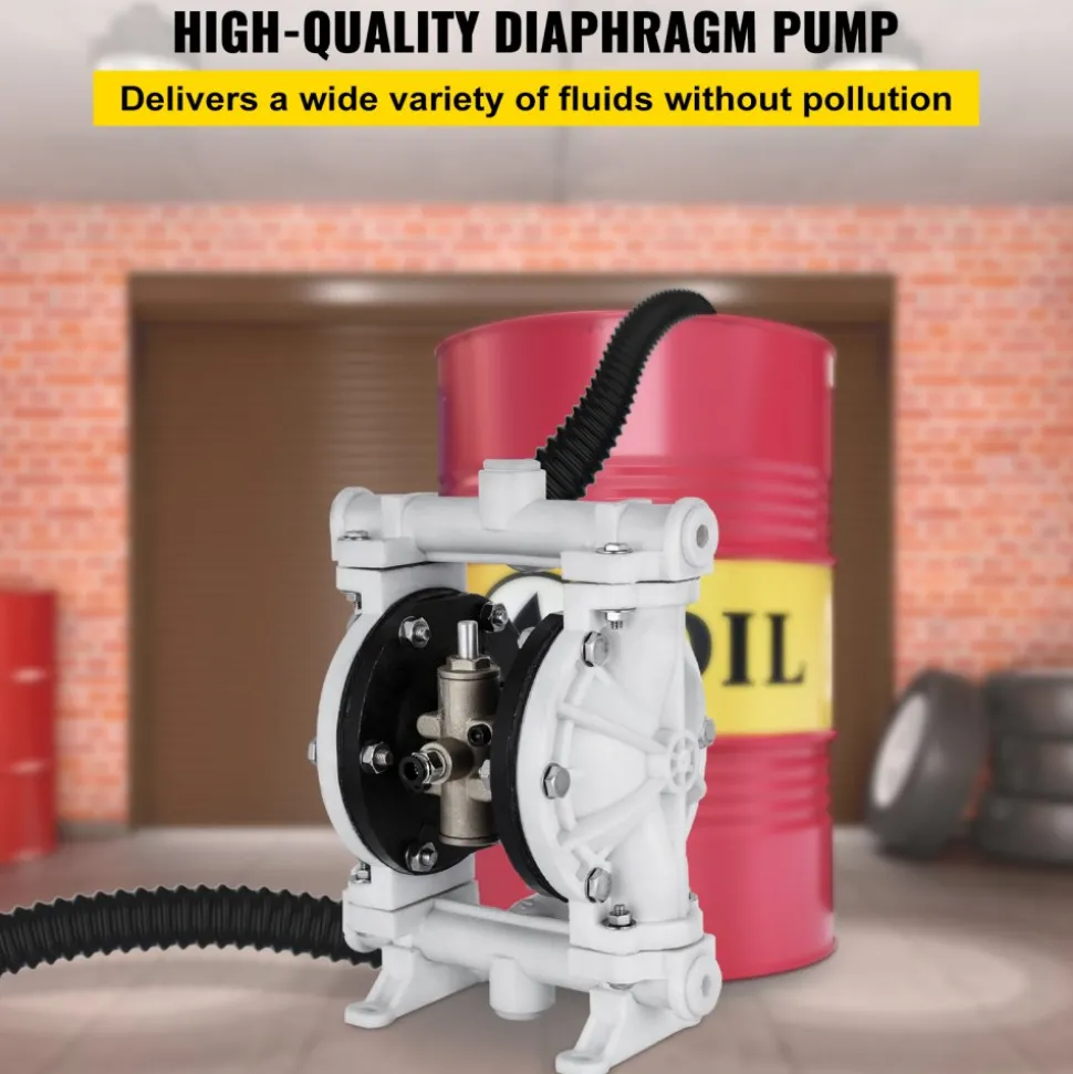 VEVOR Air-Operated Double Diaphragm Pump, 1/2 in Inlet & Outlet, Polypropylene Body, 2.5 GPM & Max 80PSI, PTFE Diaphragm Pneumatic Transfer Pump for Petroleum, Diesel, Oil & Low Viscosity Fluids