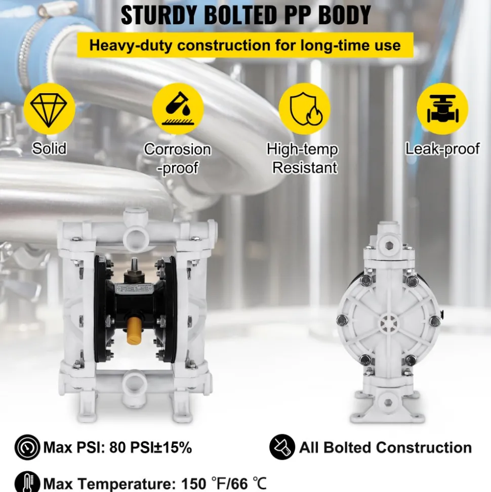 VEVOR Air-Operated Double Diaphragm Pump, 1/2 in Inlet & Outlet, Polypropylene Body, 2.5 GPM & Max 80PSI, PTFE Diaphragm Pneumatic Transfer Pump for Petroleum, Diesel, Oil & Low Viscosity Fluids